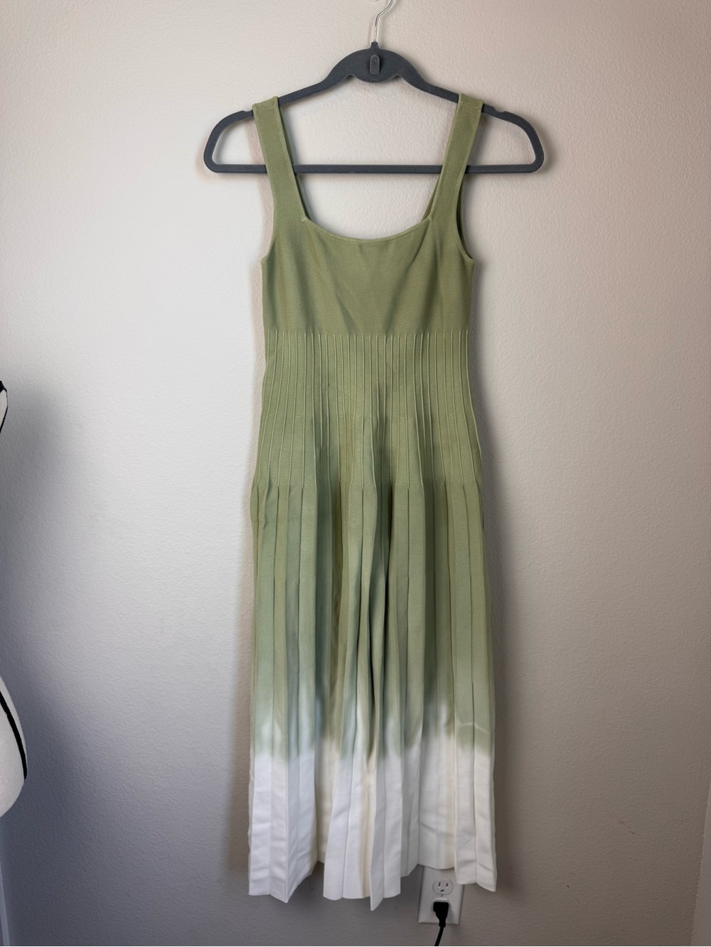 Staud Ellison midi dress in a pale jade green and white ombre tie-dye print